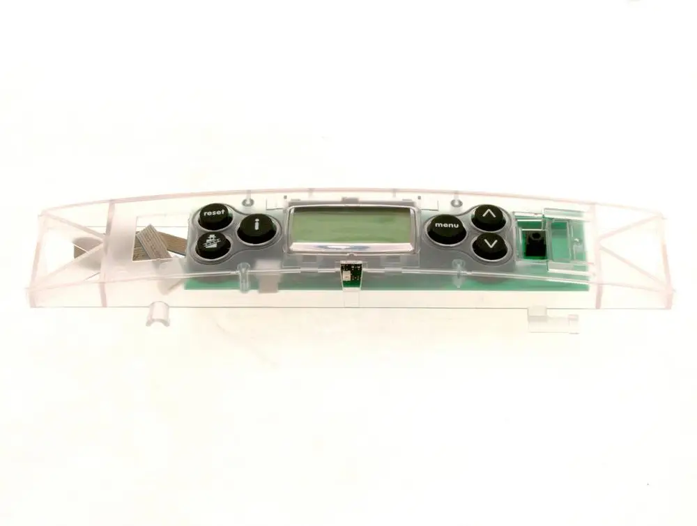 Transparente Bedienfeldoberfläche von Bosch mit Tasten für Menü, Reset und Pfeile, sowie einem LCD-Bildschirm und Anschlussmöglichkeiten auf der Rückseite.